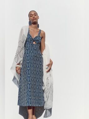 ZARA Blue Rubberized Eyelet Ling Dress with Front Cutout and bow. NWT S